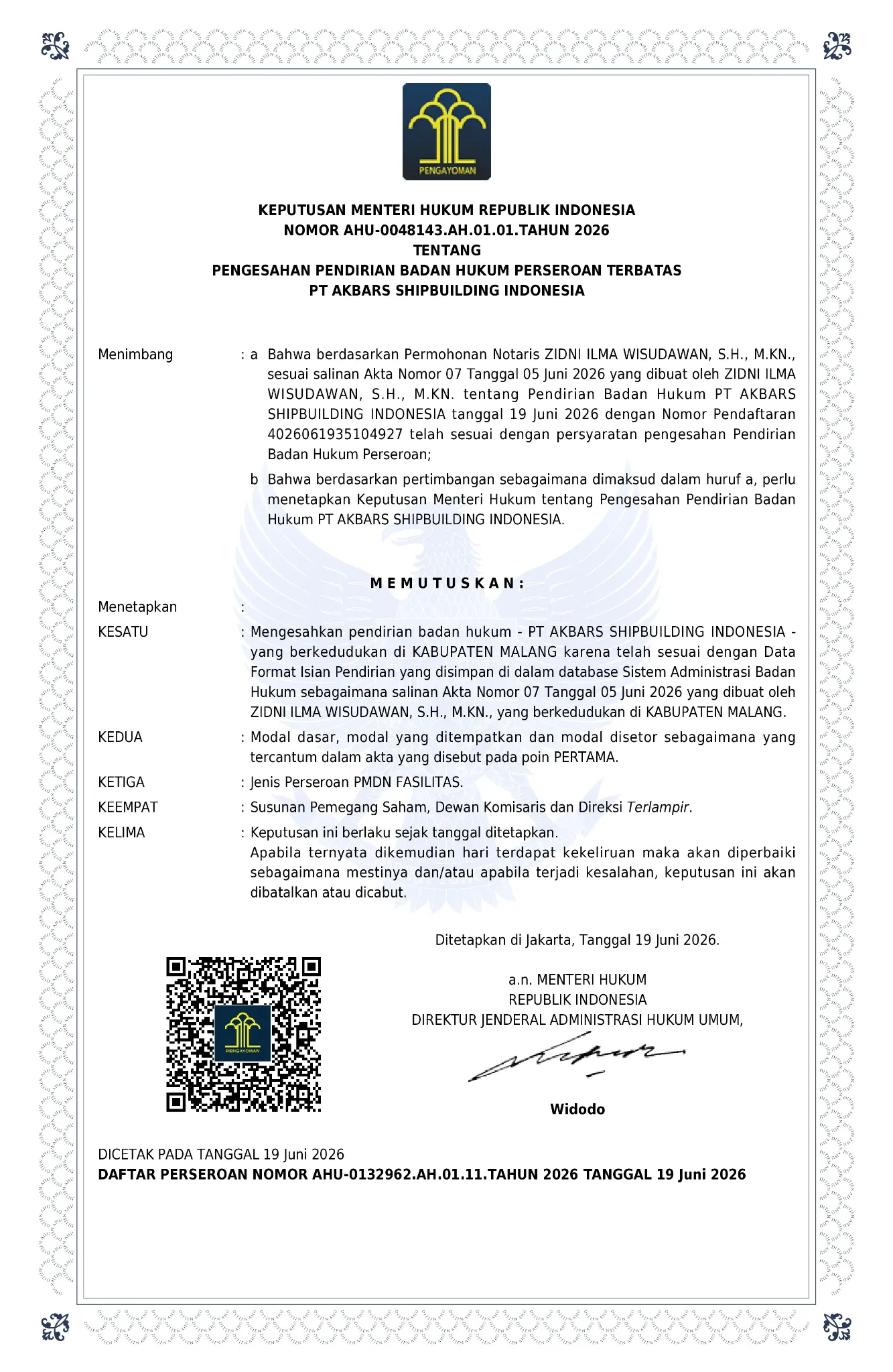 Pengesahan badan hukum AHU PT Akbars Shipbuilding Indonesia