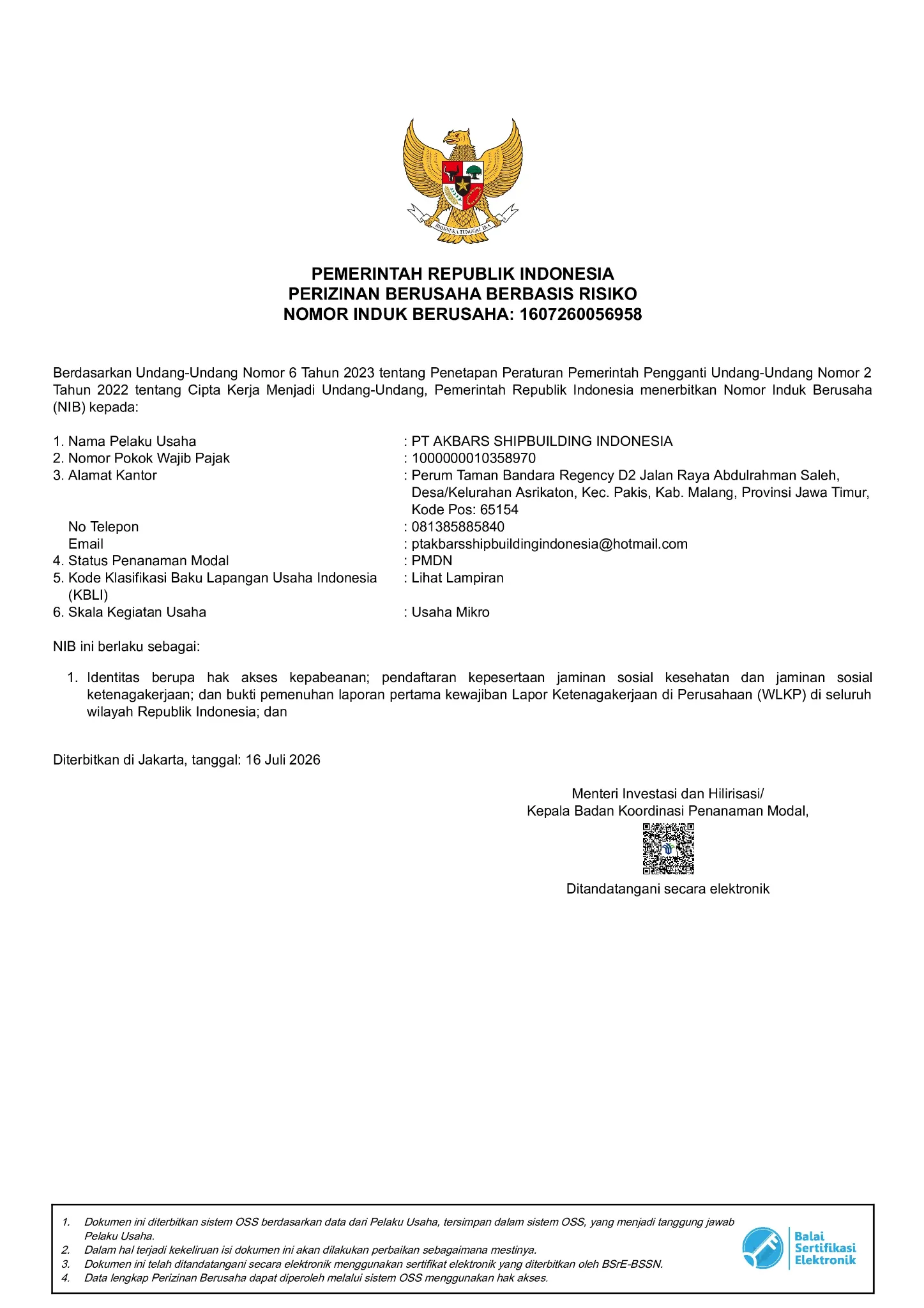 NIB PT Akbars Shipbuilding Indonesia